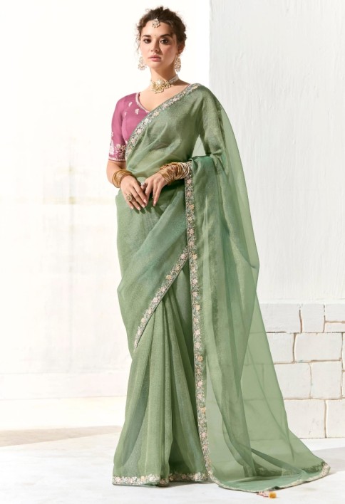 Fascinating Pista Green Border Work Tissue Silk Traditional Saree With Blouse